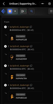A mobile screenshot of a cryptocurrency transaction history on UniScan, displaying multiple inscriptions of 0.00000546 BTC with transaction IDs and inscription numbers.