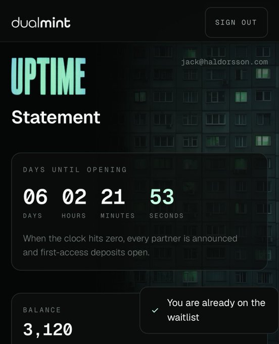 A dark-themed dashboard for 'dualmint' titled 'UPTIME Statement' showing a countdown of 06 days, 02 hours, 21 minutes, 53 seconds until opening, with a balance of 3,120.
