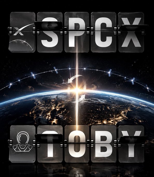 A SpaceX-themed graphic showing an Earth view with satellites in orbit, flanked by mechanical flip-clock style displays spelling 'SPCX' and 'TOBY'.