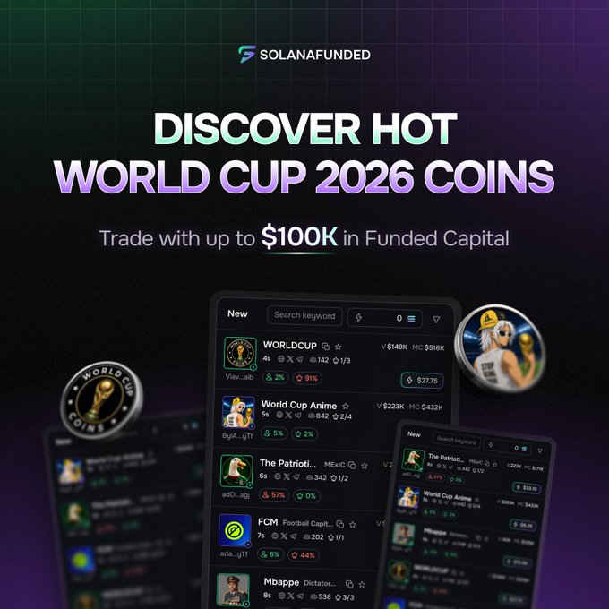 A promotional graphic for SolanaFunded featuring the headline "DISCOVER HOT WORLD CUP 2026 COINS" with an offer to "Trade with up to $100K in Funded Capital." The image showcases mobile app interfaces listing trending tokens like WORLDCUP, World Cup Anime, The Patriot..., FCM Football Capit..., and Mbappe Dictator, with prices ranging from $149K to $825K in market cap, aligning with the post's call to trade World Cup-themed meme coins.