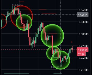 A candlestick chart for the $ON token displays price action ranging from approximately 0.21 to 0.36, with annotated circles highlighting significant price swings—particularly a sharp decline followed by accumulation zones near the 0.25959 support level, visually supporting the claim that whales were buying during the recent dip rather than exiting.