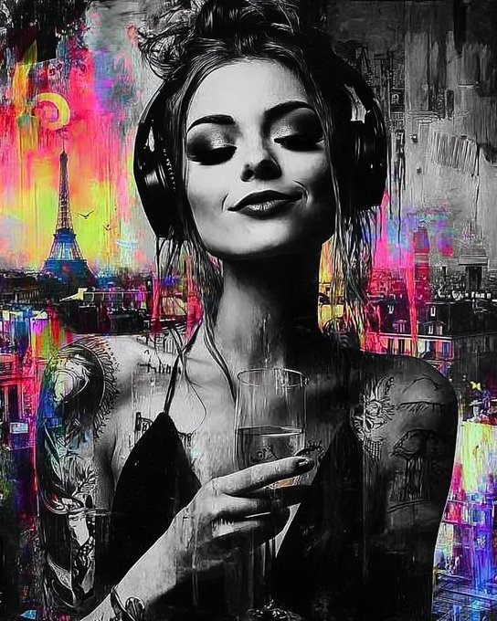 A stylized mixed-media artwork of a woman wearing headphones with her eyes closed, holding a glass, set against a vibrant colorful Paris cityscape background with the Eiffel Tower, featuring tattoo details on her arms.