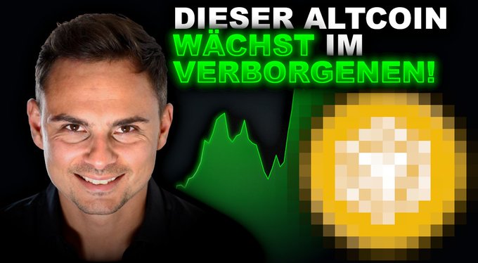 In the image, a man is smiling at the camera with his head turned towards the bottom left corner of the frame. The background appears to be either black or dark green, depending on which description you're referring to. Below the man's smile, there's text in German that says "Dier altcoin wachst im verborgen!", which translates to "Let's invest in altcoins!" and a picture of an Altcoin (likely Bitcoin) priced at around $BNB, with an additional description of its trading volume and market capitalization. The man is also wearing a black shirt, adding another layer of detail to the image.