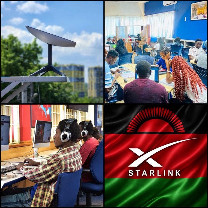 A four-panel collage showing a Starlink satellite dish, a classroom of students, people using computers with headphones, and the Starlink logo over the Malawi flag.