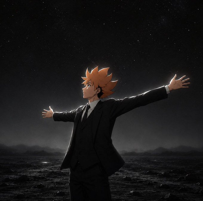Dark anime-style illustration of a boy in a black suit with arms outstretched, looking up at a vast starry night sky over a rocky, desolate landscape.