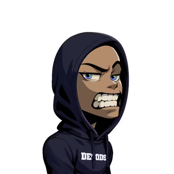 The image features an illustration of a person wearing a hoodie with the word "DeGod" written on it, giving off an angry or aggressive vibe. The person's face has a serious expression, adding to the overall mood of the artwork. The background is white, which contrasts with the dark colors and emphasizes the figure in the image.