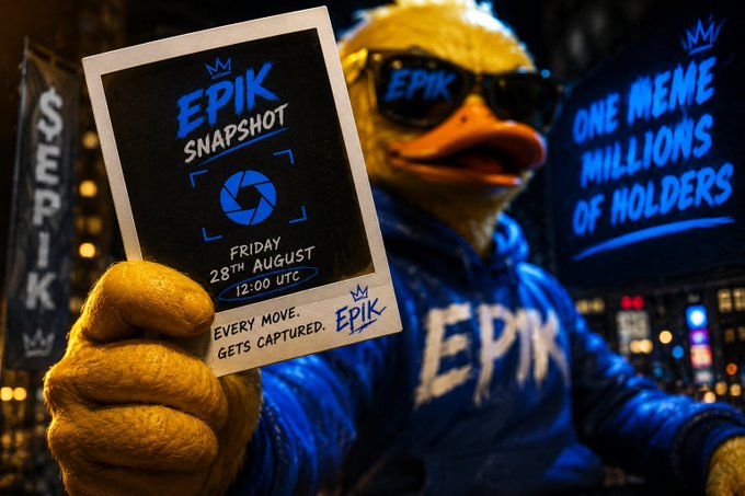 A duck mascot wearing an EPIK hoodie and sunglasses holds up a polaroid labeled 'EPIK SNAPSHOT, FRIDAY 28TH AUGUST, 12:00 UTC' with the slogan 'EVERY MOVE. GETS CAPTURED. EPIK'.