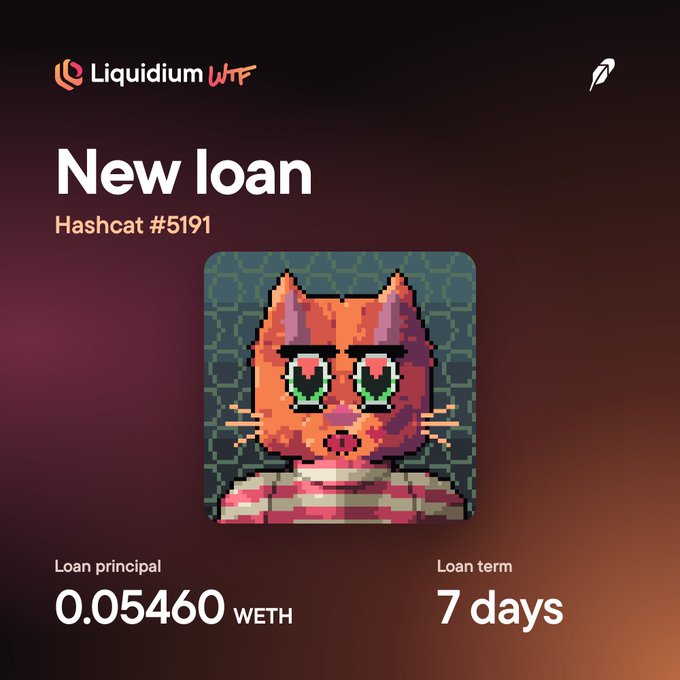 A 'Liquidium WTF' NFT loan notification screen featuring a pixel art orange cat, showing a new loan of 0.05460 WETH for Hashcat #5191 with a 7-day term.