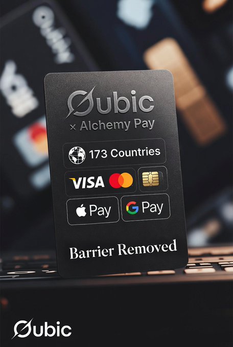 A black promotional card for Qubic and Alchemy Pay stands against a blurred keyboard background, displaying key features including "173 Countries," payment logos for Visa, Mastercard, Apple Pay, and Google Pay, along with the tagline "Barrier Removed"—visually reinforcing the partnership's expansion of $QUBIC access through mainstream payment methods.