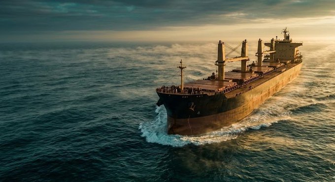A cinematic aerial view of a large cargo ship sailing through the ocean during a dramatic sunset, with waves crashing against its bow.