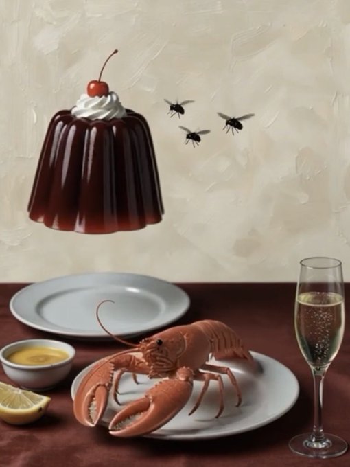 A surreal still life features a glossy chocolate pudding topped with whipped cream and a cherry floating above a plated lobster, accompanied by a champagne flute, lemon wedge, and small dipping sauce on a maroon table—evoking themes of luxury, indulgence, and transformation. The accompanying post "Don't be jelly" ties into the lobster imagery, which famously outgrows its shell to grow stronger, symbolizing resilience, self-reinvention, and rising above envy.