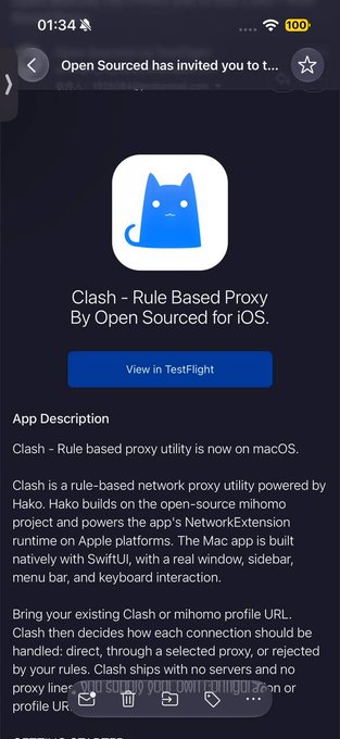 A mobile screenshot shows a TestFlight invitation for 'Clash - Rule Based Proxy By Open Sourced for iOS,' describing the app's Hako-based networking with SwiftUI support.
