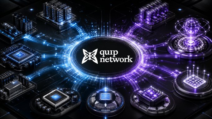 A futuristic digital graphic displaying the "quip network" logo at the center, surrounded by glowing blue and purple circuit-like connections linking various tech components and chip modules on a dark background.