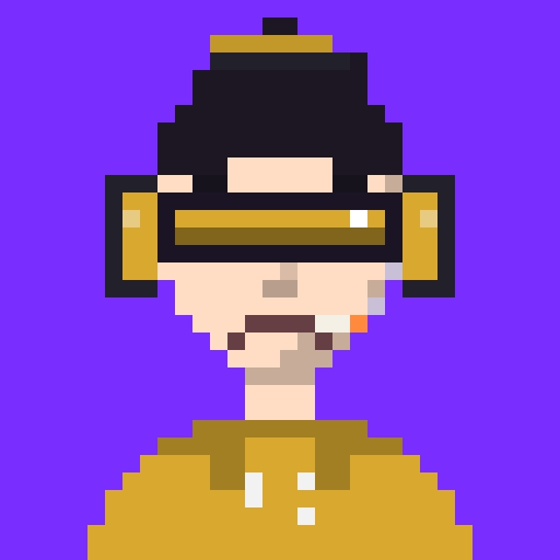 A pixel art portrait of a man with a beard wearing a black beanie, gold-rimmed sunglasses, and a yellow shirt against a purple background, serving as a visual representation for an NFT mint announcement. The artwork functions as a profile picture to promote a free guaranteed mint opportunity, with the post requesting EVM wallet addresses from interested participants within a one-hour window.