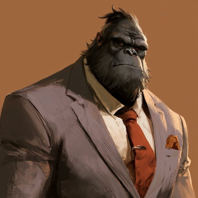 A digital illustration of a stern-looking gorilla wearing a gray suit, white shirt, red tie, and gold pocket square.