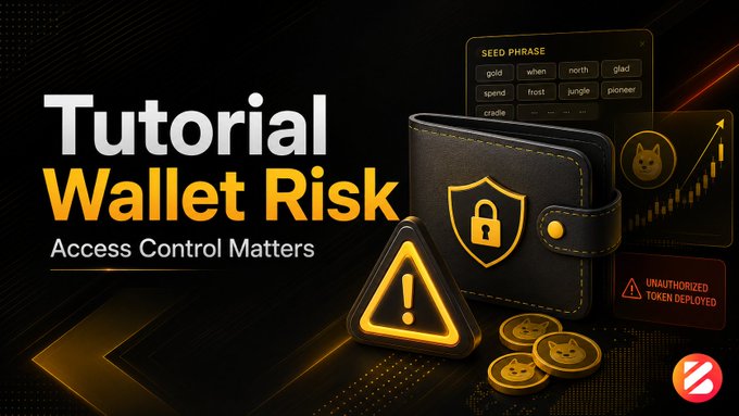 A tutorial thumbnail titled "Tutorial Wallet Risk – Access Control Matters," featuring a black leather wallet with a gold shield-and-padlock icon, a seed-phrase panel, a warning triangle, Dogecoin-style coins, and a red alert reading "UNAUTHORIZED TOKEN DEPLOYED," visually echoing the post's claim that a former BNB Chain employee allegedly misused a tutorial wallet's seed phrase to deploy an unauthorized token.