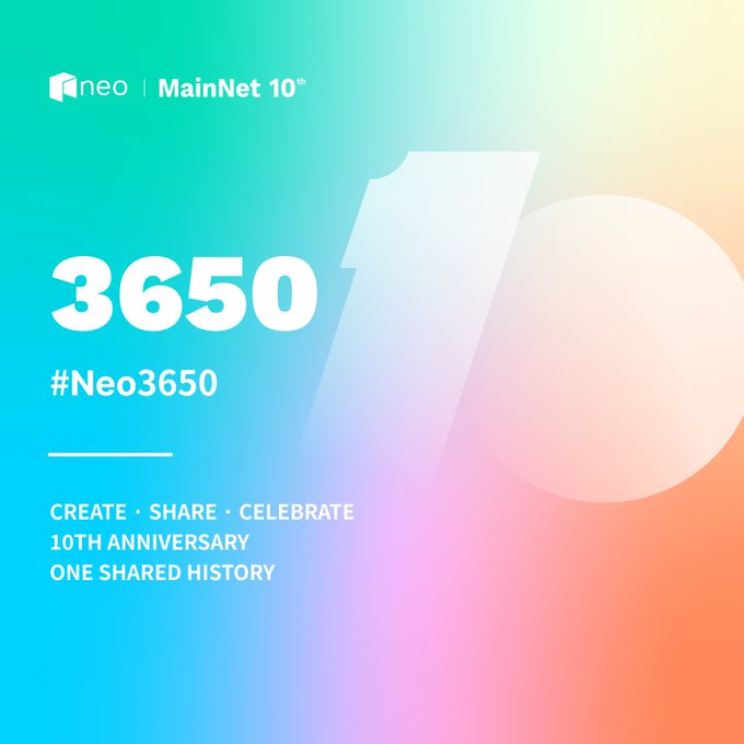 A promotional graphic for Neo MainNet 10 featuring a large stylized "10" with the text "3650", "#Neo3650", and "CREATE · SHARE · CELEBRATE 10TH ANNIVERSARY ONE SHARED HISTORY" on a colorful gradient background.