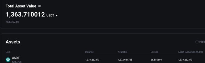 A crypto exchange account screen shows Total Asset Value of 1,363.710012 USDT (~$1,362.05) with USDT (TetherUS) as the listed asset.