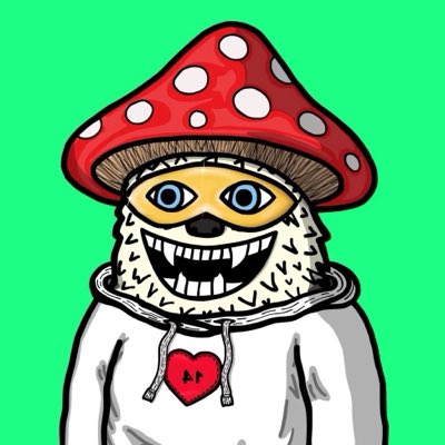 A cartoon illustration of a grinning, hedgehog-like character wearing a red mushroom cap and a white hoodie with a red heart logo, set against a bright green background.
