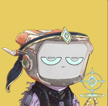 Illustration of a robot character with a television-like head, tired eyes, and a cap, standing against a yellow background with a glowing geometric symbol to its right.