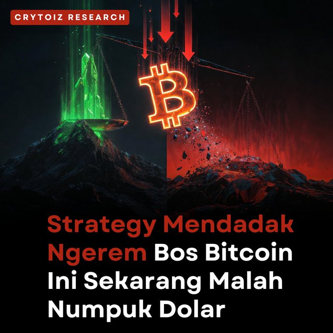 A Crytoiz Research graphic featuring a Bitcoin logo on a scale, with Indonesian text reading: 'Strategy Mendadak Ngerem Bos Bitcoin Ini Sekarang Malah Numpuk Dolar'.