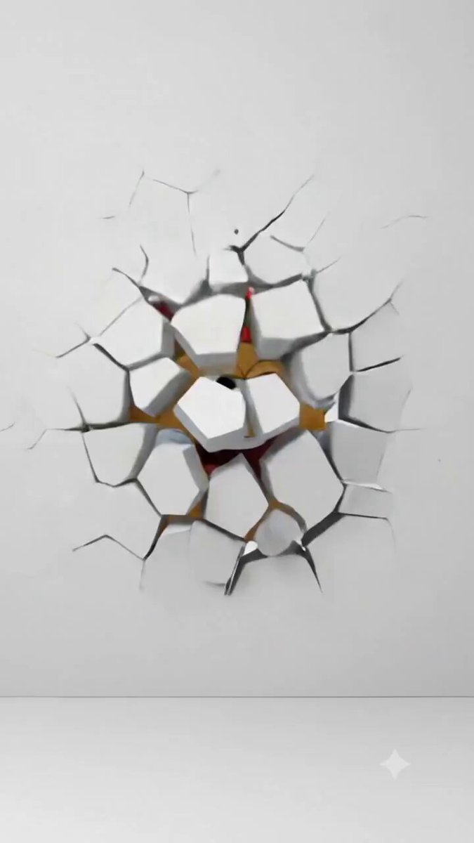 The image features a white wall with a large hole or crack in it, surrounded by numerous small pieces of broken ceramic tiles scattered around the area. The text "IT'S ALIVE $TACO" is present in the image as well. This combination of elements creates an interesting and somewhat surreal visual effect that may be related to the post's content.