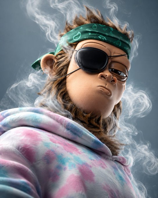 A stylized 3D render depicts a monkey or ape character wearing dark sunglasses and a green bandana, dressed in a pink and blue tie-dye hoodie, with swirling smoke enveloping the figure.