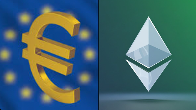 The image is a split graphic showing a golden euro (€) symbol on the left against the European Union flag, and the silver Ethereum diamond logo on the right against a green background, visually representing Crédit Agricole's launch of the EURXT euro-backed stablecoin on the Ethereum blockchain following the implementation of MiCA regulations.