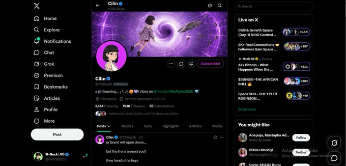 X (Twitter) profile page for 'Cilin' (@Cilinetth) showing 95.9K followers and a banner featuring an anime-style character near a purple portal with a spaceship.