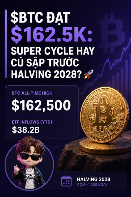 An infographic that shirtly talks about the all-time high of Bitcoin at $162,500 with a copy of the Bitcoin logo. A coin is sticking upward at the bottom right side of the picture.