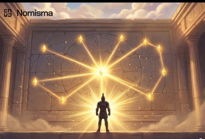 Illustration with 'Nomisma' logo showing a lone armored figure facing a glowing star-shaped network diagram on an ancient stone wall in classical ruins.