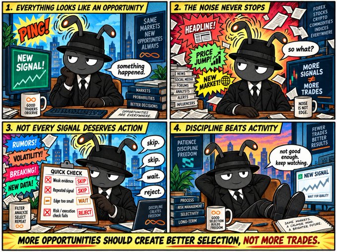 A four-panel trading comic with an ant character in a suit and fedora, illustrating lessons like 'EVERYTHING LOOKS LIKE AN OPPORTUNITY,' 'THE NOISE NEVER STOPS,' 'NOT EVERY SIGNAL DESERVES ACTION,' and 'DISCIPLINE BEATS ACTIVITY,' concluding 'MORE OPPORTUNITIES SHOULD CREATE BETTER SELECTION, NOT MORE TRADES.'