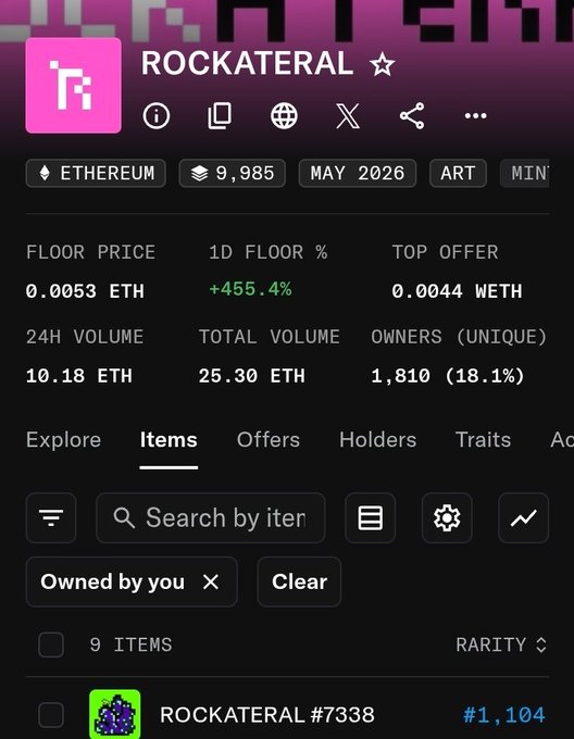 irtp screen for Rockcateral, a cryptocurrency, with details of its floor price and top offer.