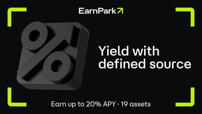 A promotional graphic for EarnPark featuring a black 3D percent sign with an upward arrow on the left, alongside the text "Yield with defined source" and "Earn up to 20% APY · 19 assets" on a dark background framed by green corner brackets. The bold percent-and-arrow visual reinforces the post's message about EarnPark's 3+ year track record of delivering transparent yield on 19 supported crypto assets like USDT, USDC, BTC, and ETH.
