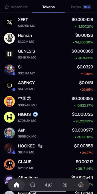 A mobile crypto token listing screen displaying various tokens like XEET, Human, GENESIS, SI, AGENCY, and HIGGS with their market caps and percentage changes.
