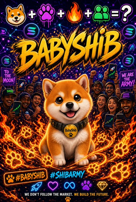 A vibrant promotional poster for 'BABYSHIB' cryptocurrency featuring a cute shiba inu puppy wearing a BabyShib collar, surrounded by flames, a cheering crowd, and hashtags #BABYSHIB and #SHIBARMY.