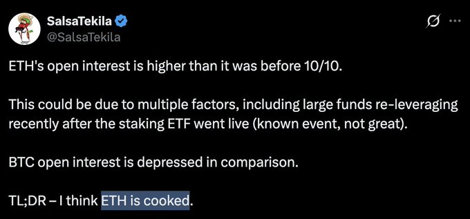 A tweet from SalsaTekila (@SalsaTekila) stating that 'ETH's open interest is higher than it was before 10/10', possibly due to large funds re-leveraging after the staking ETF launched, while BTC open interest is depressed, with the TL;DR being 'I think ETH is cooked.'