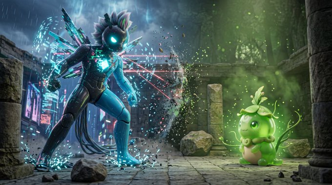 A digital artwork featuring a futuristic humanoid warrior with glowing blue eyes and crystalline wings facing off against a small, cute green plant creature in a ruined stone arena.