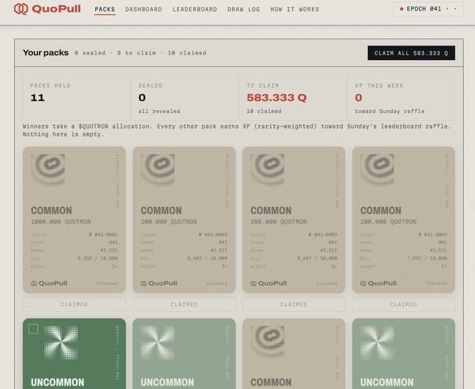 A user shows their QuoPull dashboard with 11 packs held and 583.333 Q ($QUOTRON) to claim, reacting excitedly ("Lfggggg") to their unclaimed winnings, likely in response to opening rare Uncommon and Common tier packs.