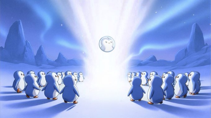 A digital illustration showing a group of cartoon penguins gathered in a snowy landscape, looking up at a bright light beam where a small, round white creature is descending.