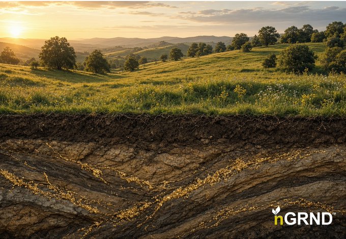 A scenic landscape showing green rolling hills at sunset above an underground cross-section revealing rocky soil with golden veins, with the 'nGRND' logo in the bottom right corner.