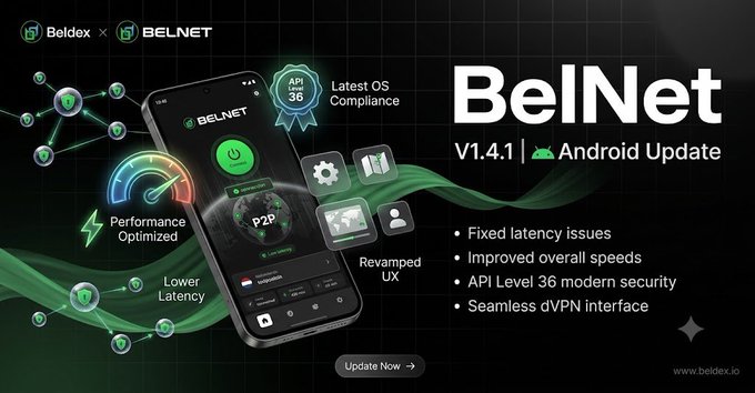 Promotional banner for BelNet V1.4.1 Android update by Beldex, highlighting features like API 36 compliance, performance optimization, lower latency, revamped UX, and an 'Update Now' button at beldex.io.
