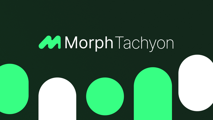 The image displays the "Morph Tachyon" logo with a green "M" icon and white text against a dark green background, accompanied by decorative green and white pill and circle shapes at the bottom. The graphic visually introduces Morph Tachyon's branding as a high-performance trading extension of the Morph main chain ecosystem.