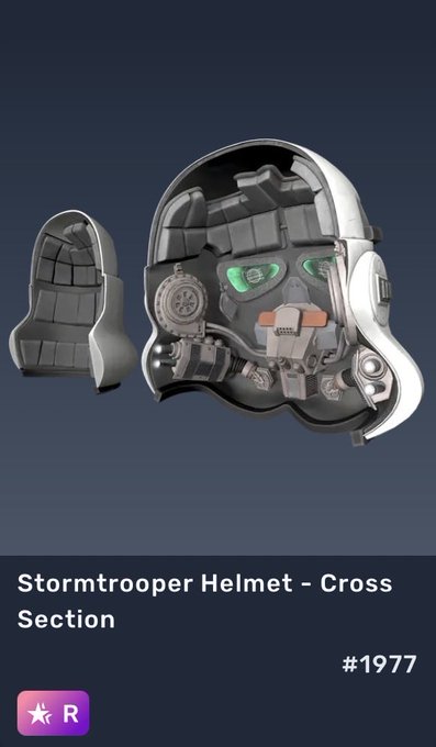 A cross-section view of a Stormtrooper Helmet (#1977) revealing its internal structure and components, labeled "R" at the bottom, presented as a 3D model asset.