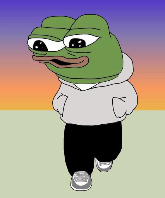 A cartoon illustration of the Pepe the Frog meme wearing a gray hoodie and black pants, walking against a sunset gradient background.