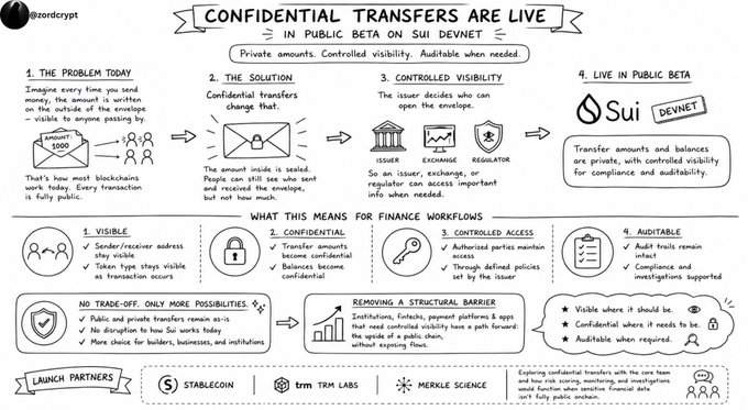 The image displays an infographic or diagram that provides information about privacy-confidential transfers and their implications, such as those experienced with $SUI Devnet's live transfer on public beta. This infographic includes explanations of various methods for achieving transparency while maintaining financial privacy in a blockchain context.