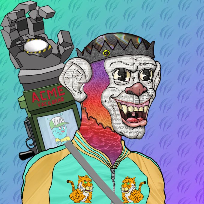 A surreal digital illustration of a grotesque character with newspaper-textured skin, wearing a yellow and teal jacket with tiger patches and a crown, holding a large 'ACME VAC & GRAB' vacuum-like device.