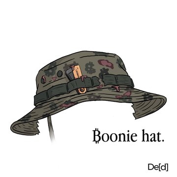 An illustrated diagram labeled 'Boonie hat' and 'De[d]' depicts a camouflage bucket hat with various tactical features and pockets.