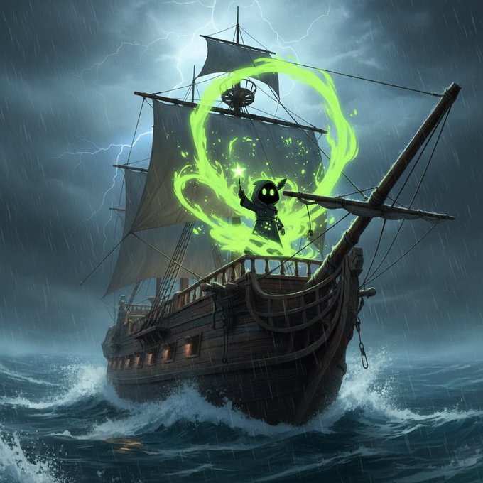A small, hooded figure conjures a swirling ring of bright green magic aboard a galleon battling a stormy sea, with a skull emblem glowing on the main sail. The dark, mystical scene teases an upcoming NFT drop on @opensea with a magical, pirate-themed aesthetic.