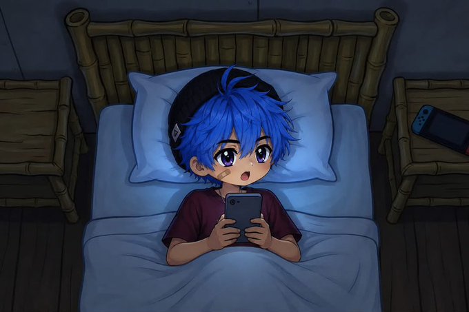 An anime-style illustration shows a blue-haired boy lying in bed with a surprised expression, looking at his smartphone as if he just received unexpected news. The image relates to the post's theme of receiving a sudden "paused" notification, with the boy's shocked face capturing the shock of the wallet pause.